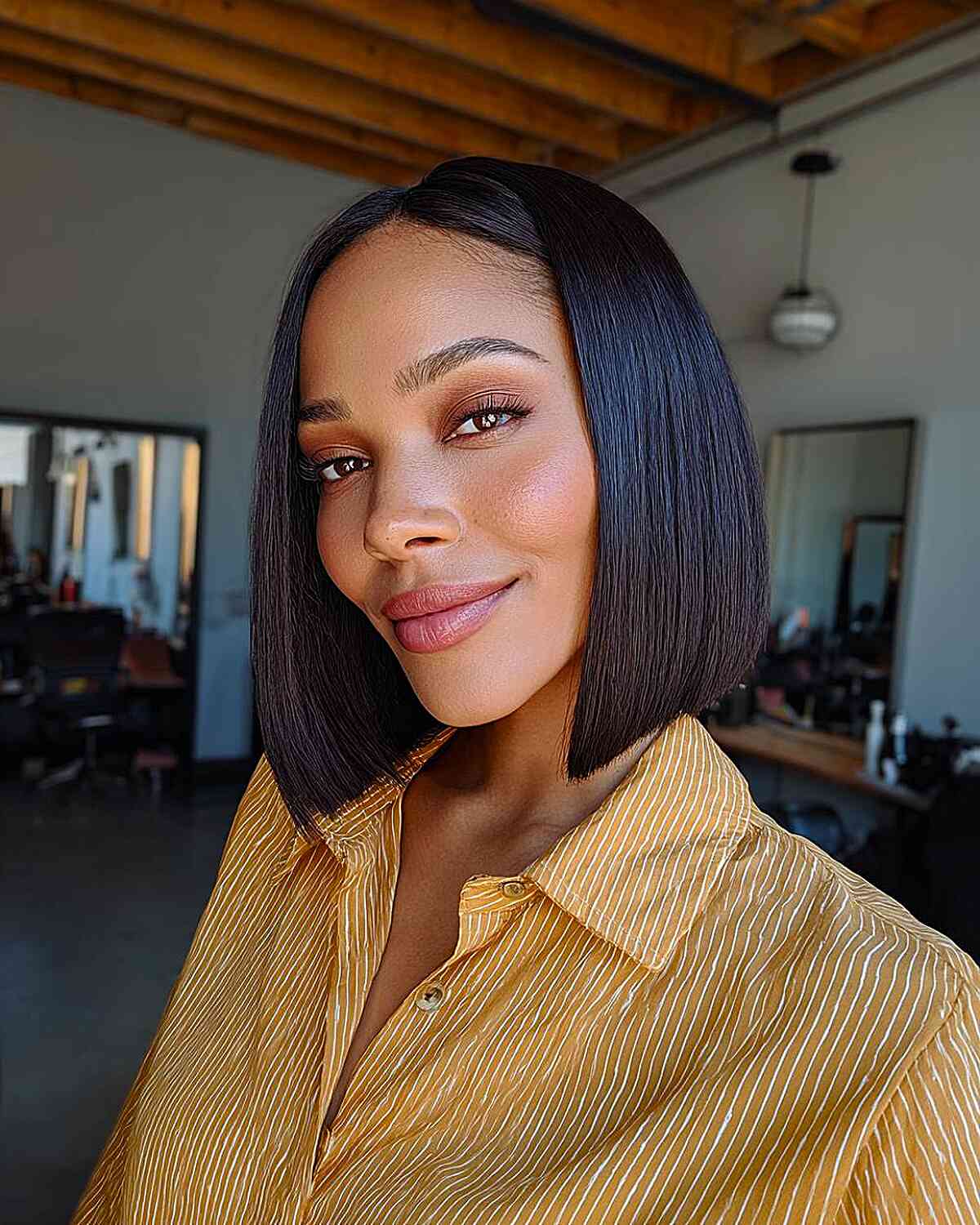 Thick Dark Brown Sleek Bob, Chin Thick Dark Brown Sleek Bob, Chin — Classy Middle Part Bob