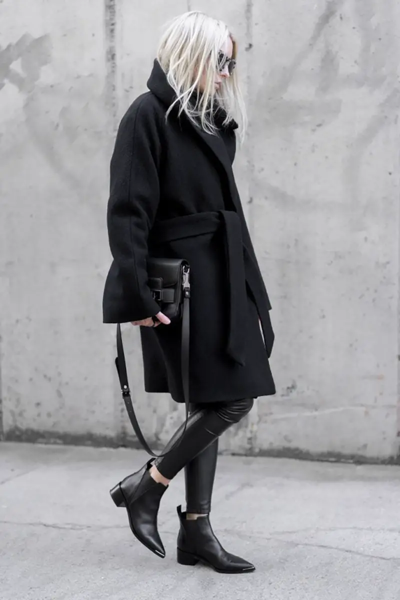 Black Belted Coat Over Leather Pants, Close-Up Take — Classy Minimalist Outfits