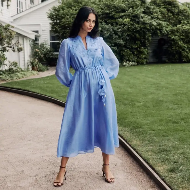 Light Blue Midi Dress With Floral Embroidery and Belt Light Blue Midi Dress With Floral Embroidery and Belt — Classy Modest Outfits