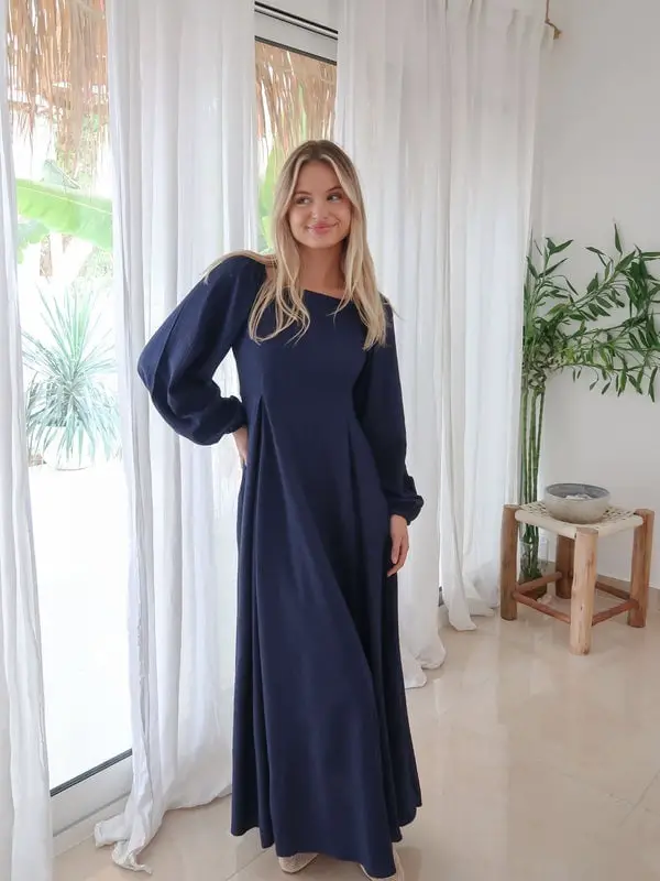 Navy Balloon Sleeve Maxi Dress With Beige Flats Navy Balloon Sleeve Maxi Dress With Beige Flats — Classy Modest Outfits