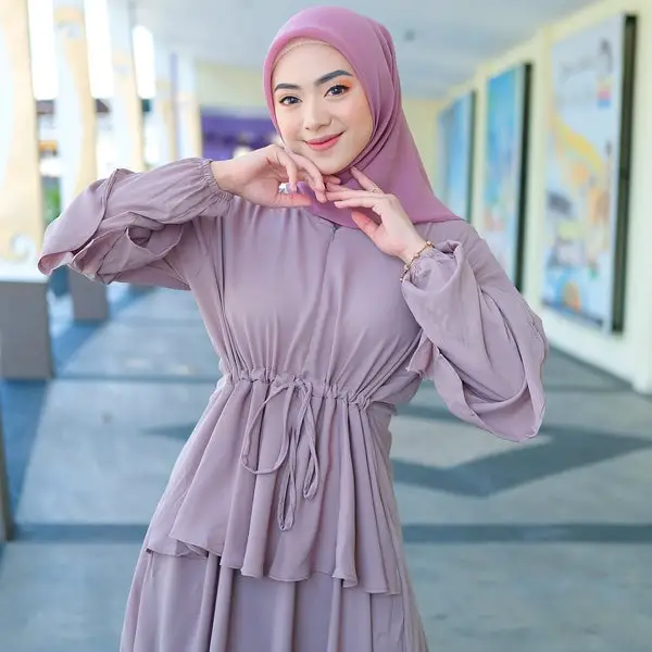 Dusty Purple Tiered Dress With Cinched Waist and Hijab Dusty Purple Tiered Dress With Cinched Waist and Hijab — Classy Modest Outfits