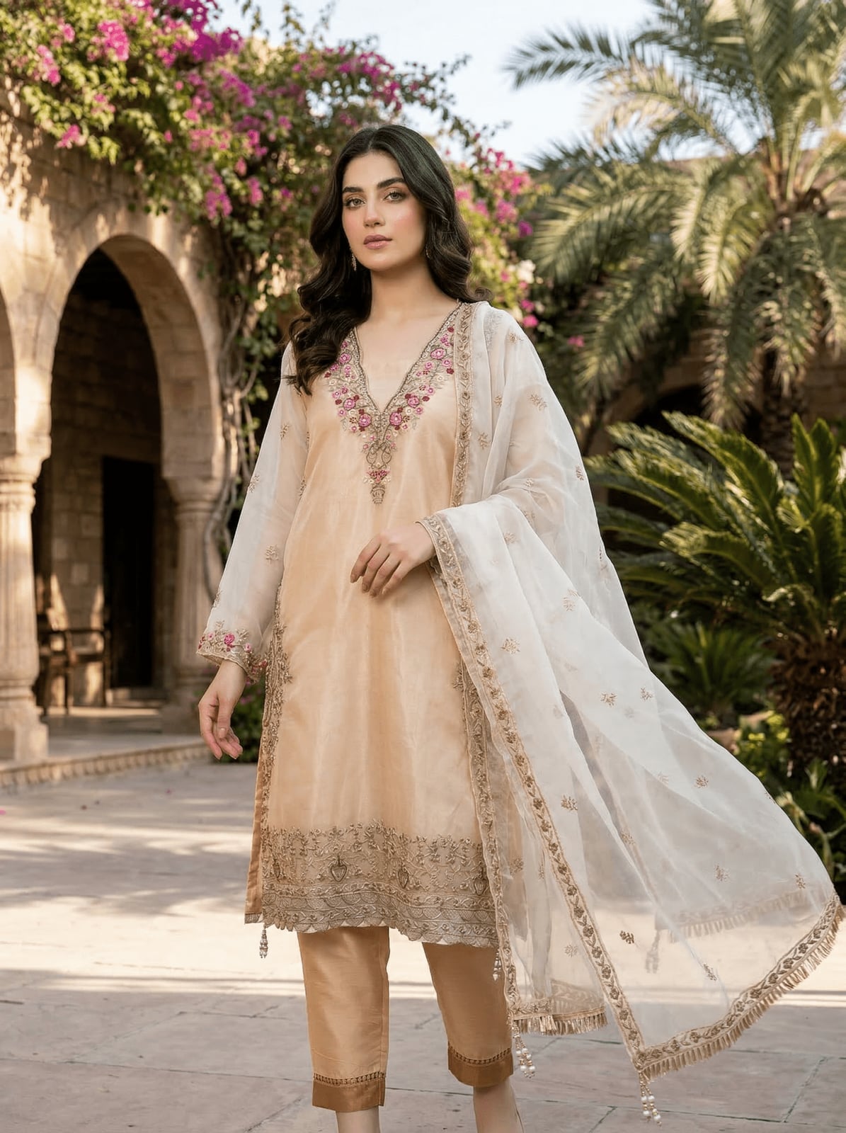 Peach Silk Tunic With Gold Embroidery and Organza Dupatta Peach Silk Tunic With Gold Embroidery and Organza Dupatta — Classy Modest Outfits