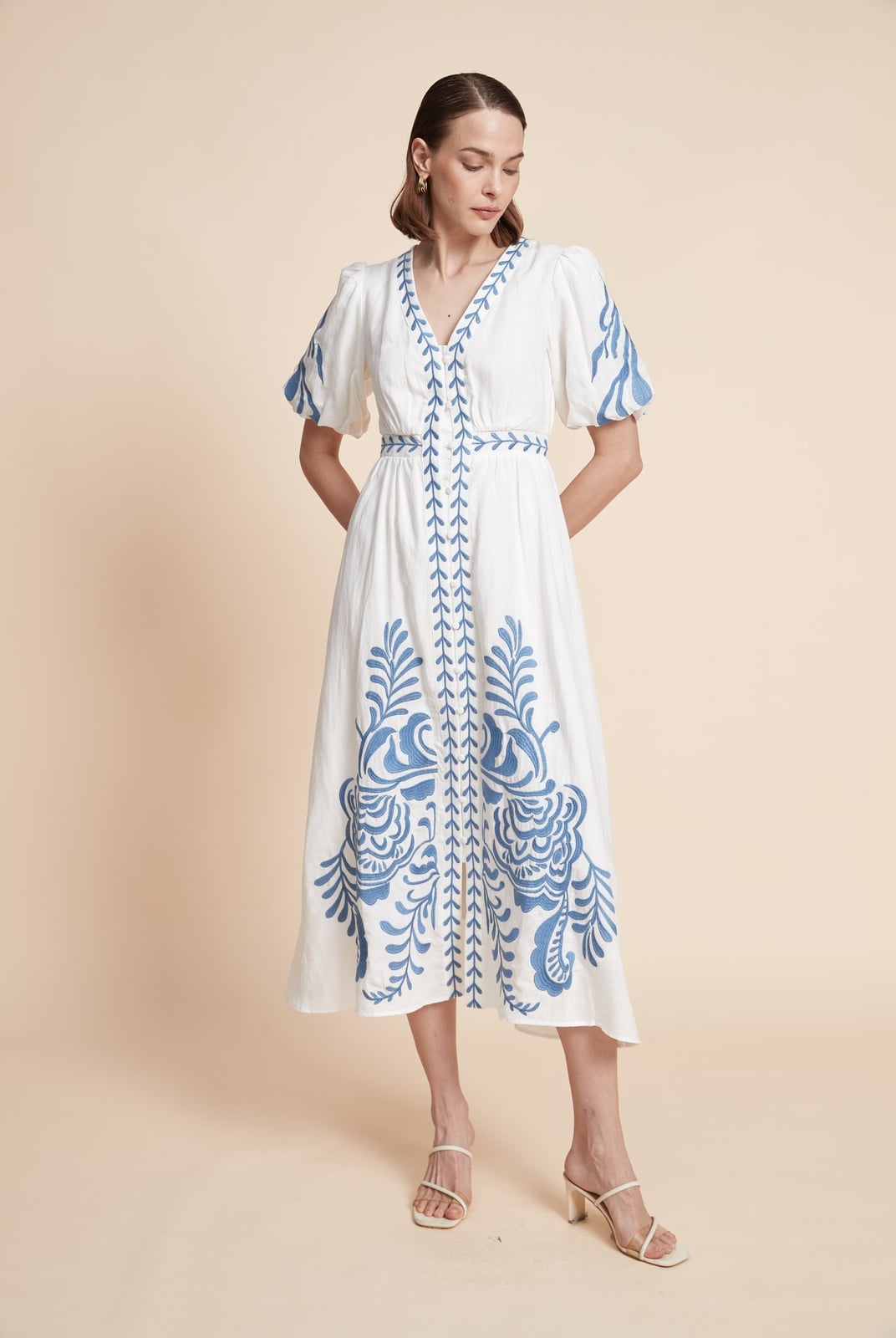 White Midi Dress With Blue Embroidery and Puff Sleeves White Midi Dress With Blue Embroidery and Puff Sleeves — Classy Modest Outfits