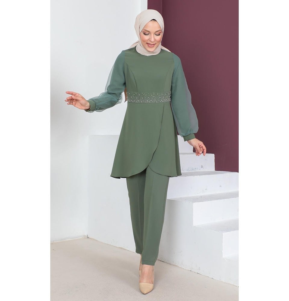 Olive Green Tunic With Sheer Sleeves and Beaded Waist Olive Green Tunic With Sheer Sleeves and Beaded Waist — Classy Modest Outfits