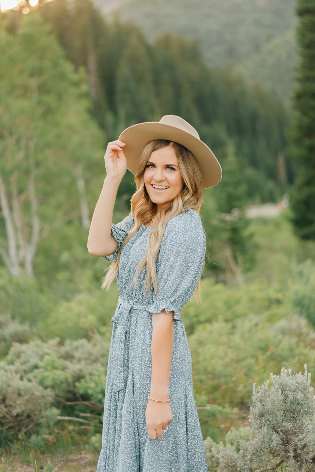 Blue Floral Midi Dress With Puff Sleeves and Wide-Brimmed Hat Blue Floral Midi Dress With Puff Sleeves and Wide-Brimmed Hat — Classy Modest Outfits