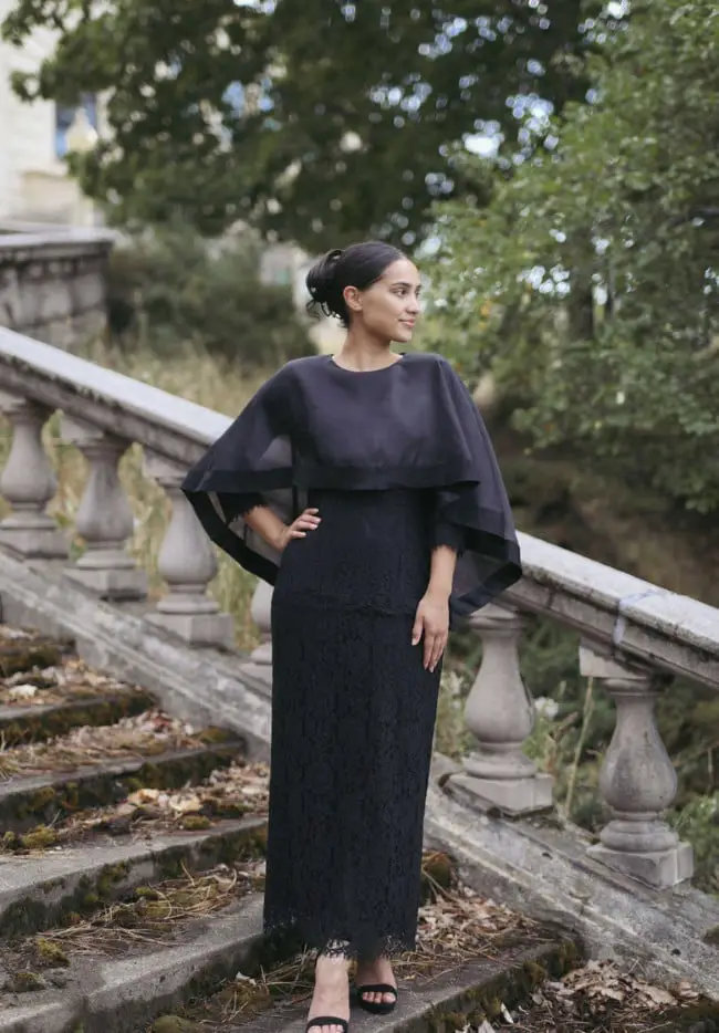 Black Lace Maxi Dress With Sheer Cape Overlay Black Lace Maxi Dress With Sheer Cape Overlay — Classy Modest Outfits