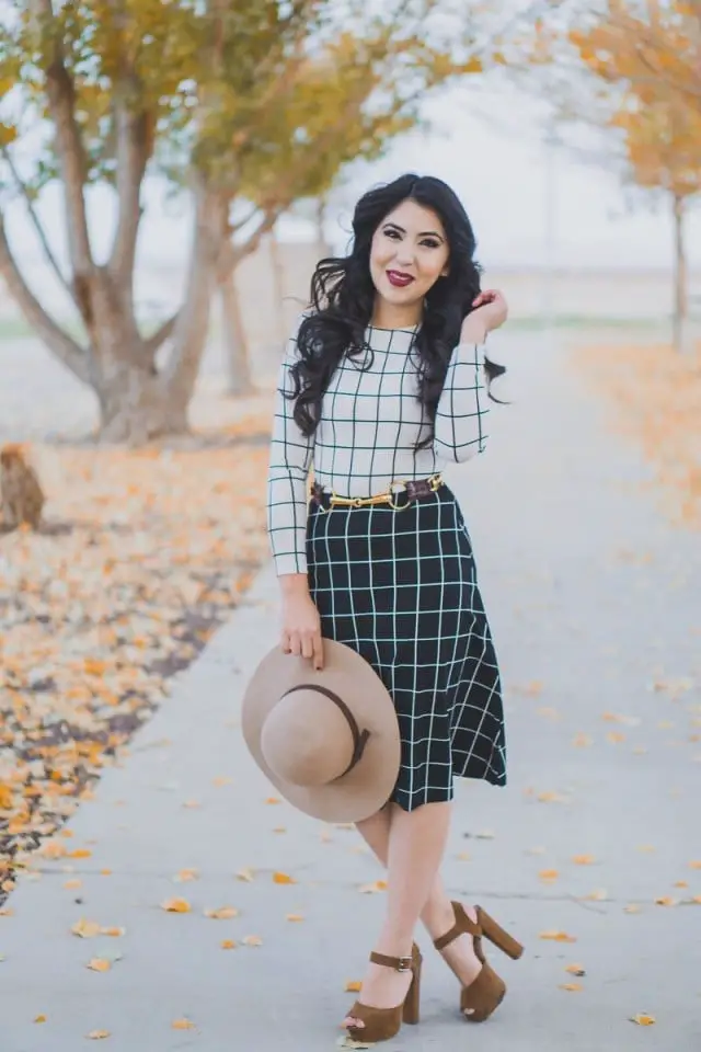 Checked Midi Skirt With Long-Sleeve Top and Gold Belt Checked Midi Skirt With Long-Sleeve Top and Gold Belt — Classy Modest Outfits