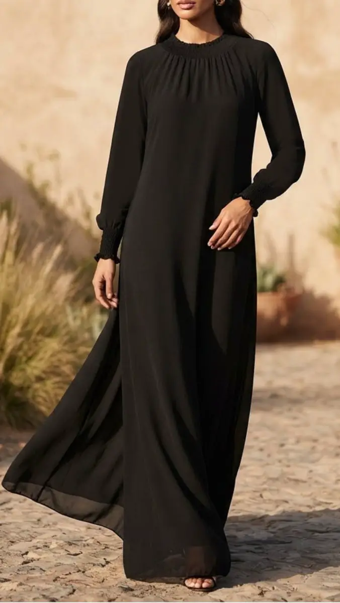 Black Chiffon Maxi Dress With High Neckline Black Chiffon Maxi Dress With High Neckline — Classy Modest Outfits