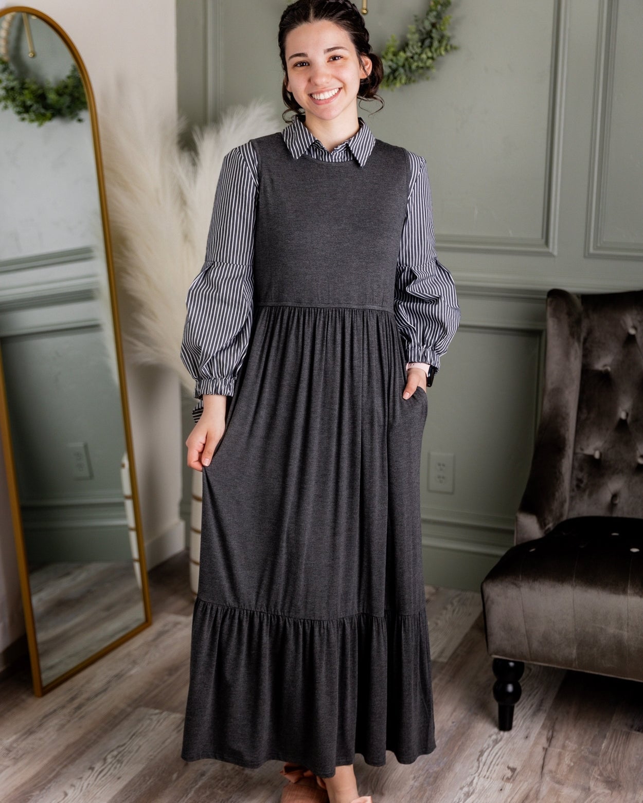 Gray Pinafore Dress Over Striped Collared Shirt Gray Pinafore Dress Over Striped Collared Shirt — Classy Modest Outfits