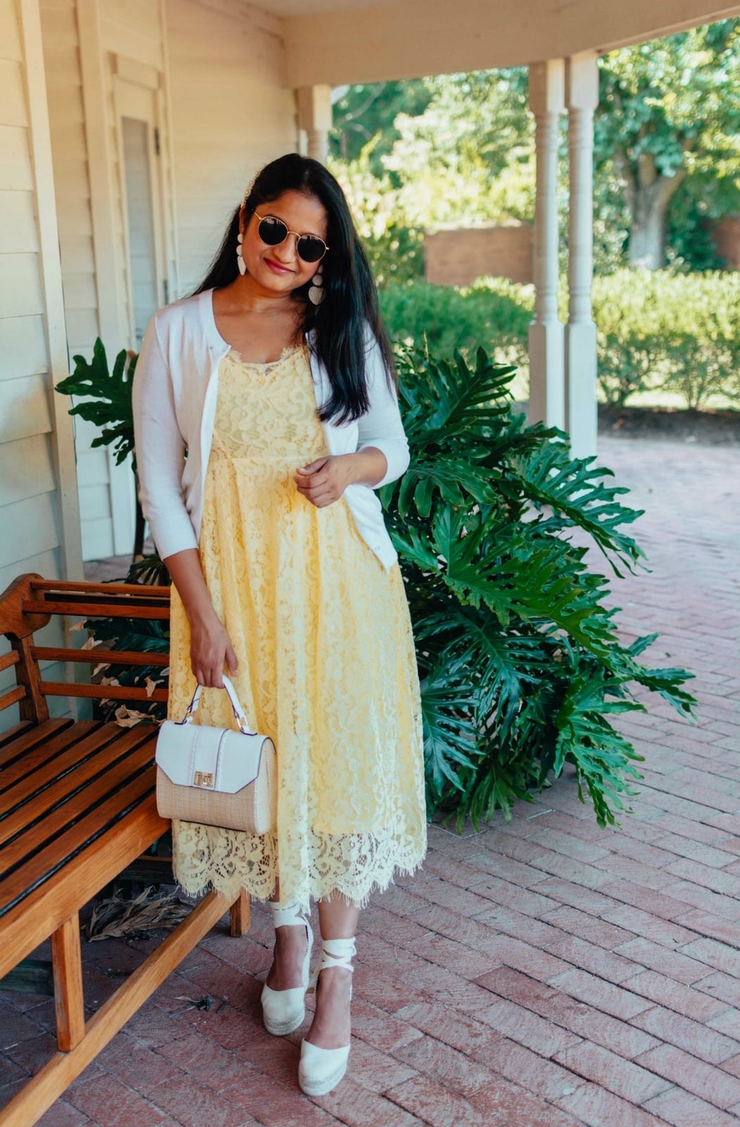 Yellow Lace Midi Dress With White Cardigan and Espadrilles Yellow Lace Midi Dress With White Cardigan and Espadrilles — Classy Modest Outfits