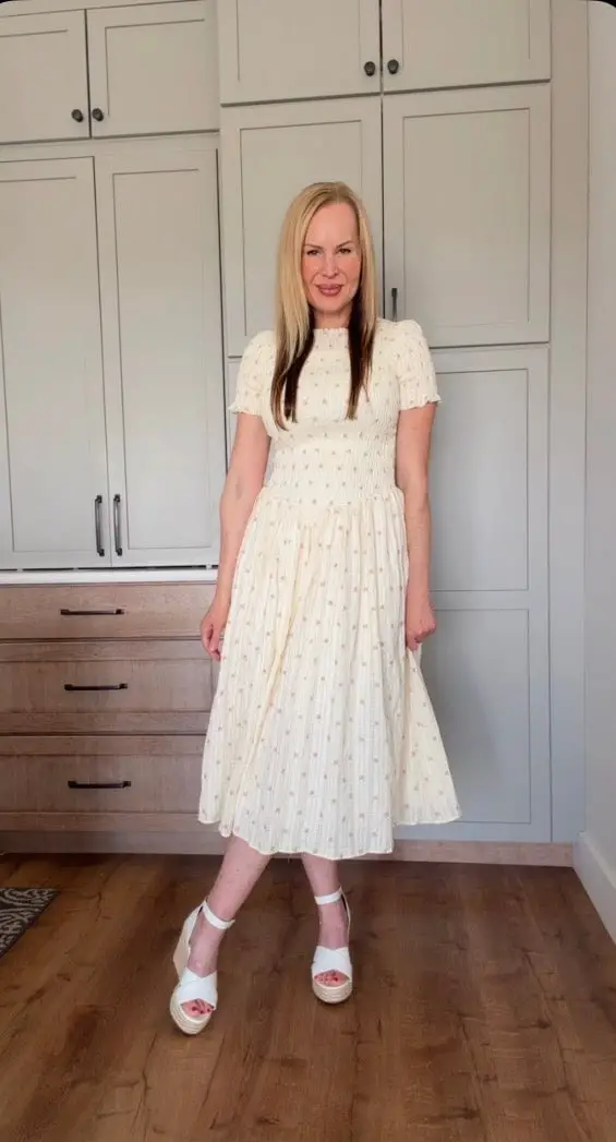 Cream Pink Floral Midi Dress With Smocked Bodice Cream Pink Floral Midi Dress With Smocked Bodice — Classy Modest Outfits