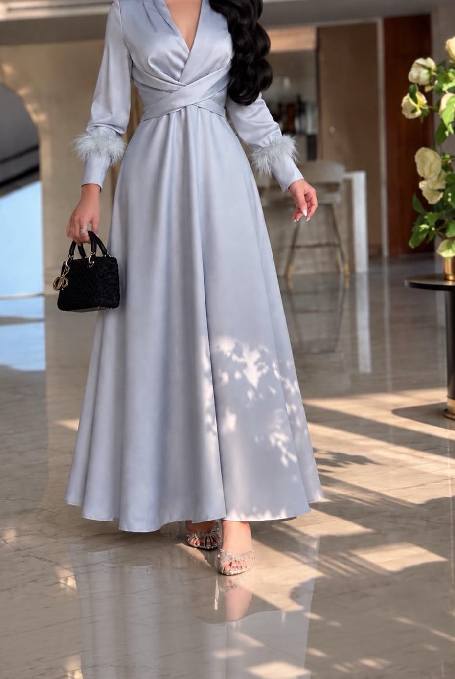 Light Blue Satin Maxi Dress With Feather Cuffs Light Blue Satin Maxi Dress With Feather Cuffs — Classy Modest Outfits