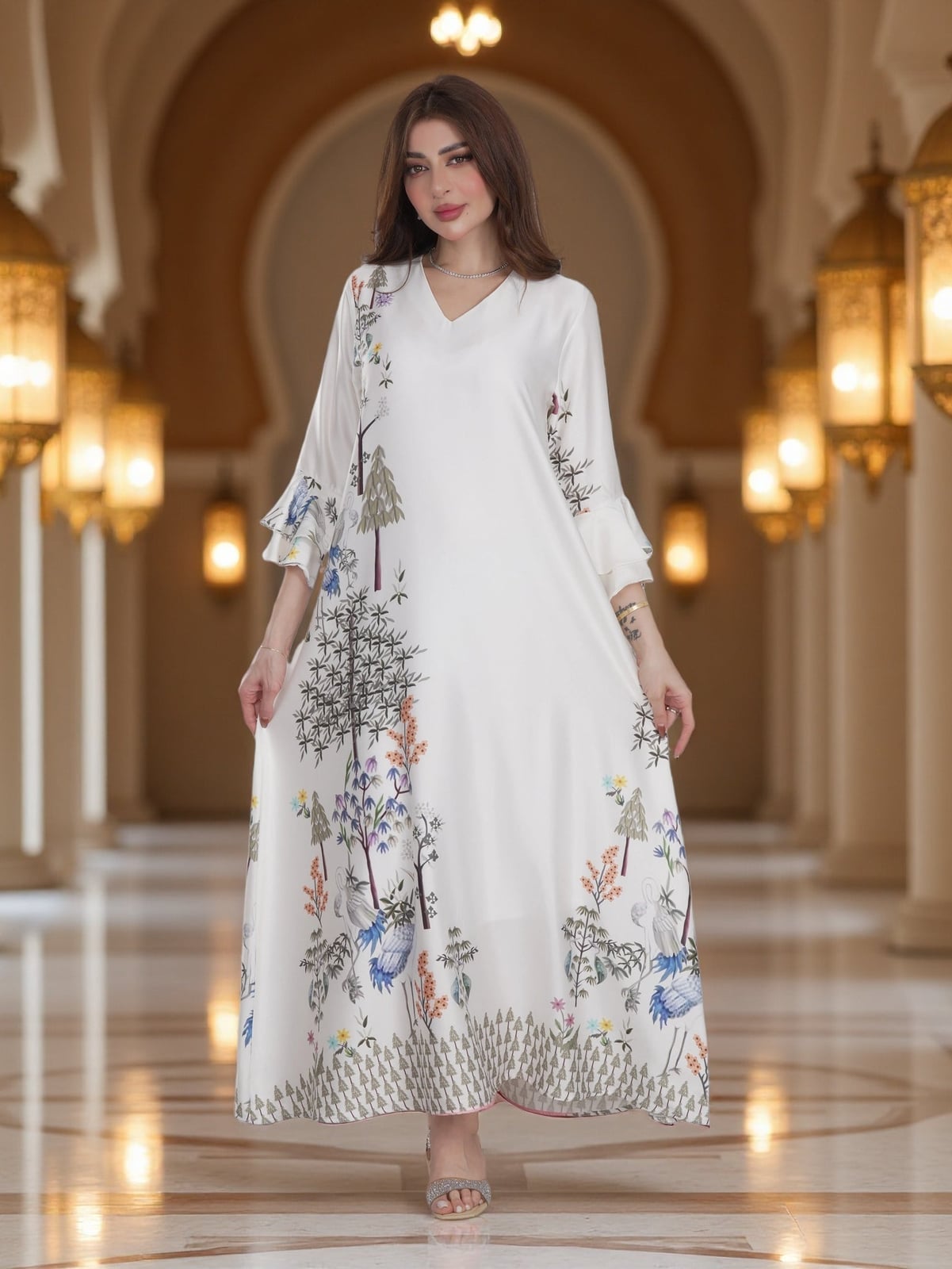 Botanical Print Flowy Maxi Dress With Silver Sandals Botanical Print Flowy Maxi Dress With Silver Sandals — Classy Modest Outfits