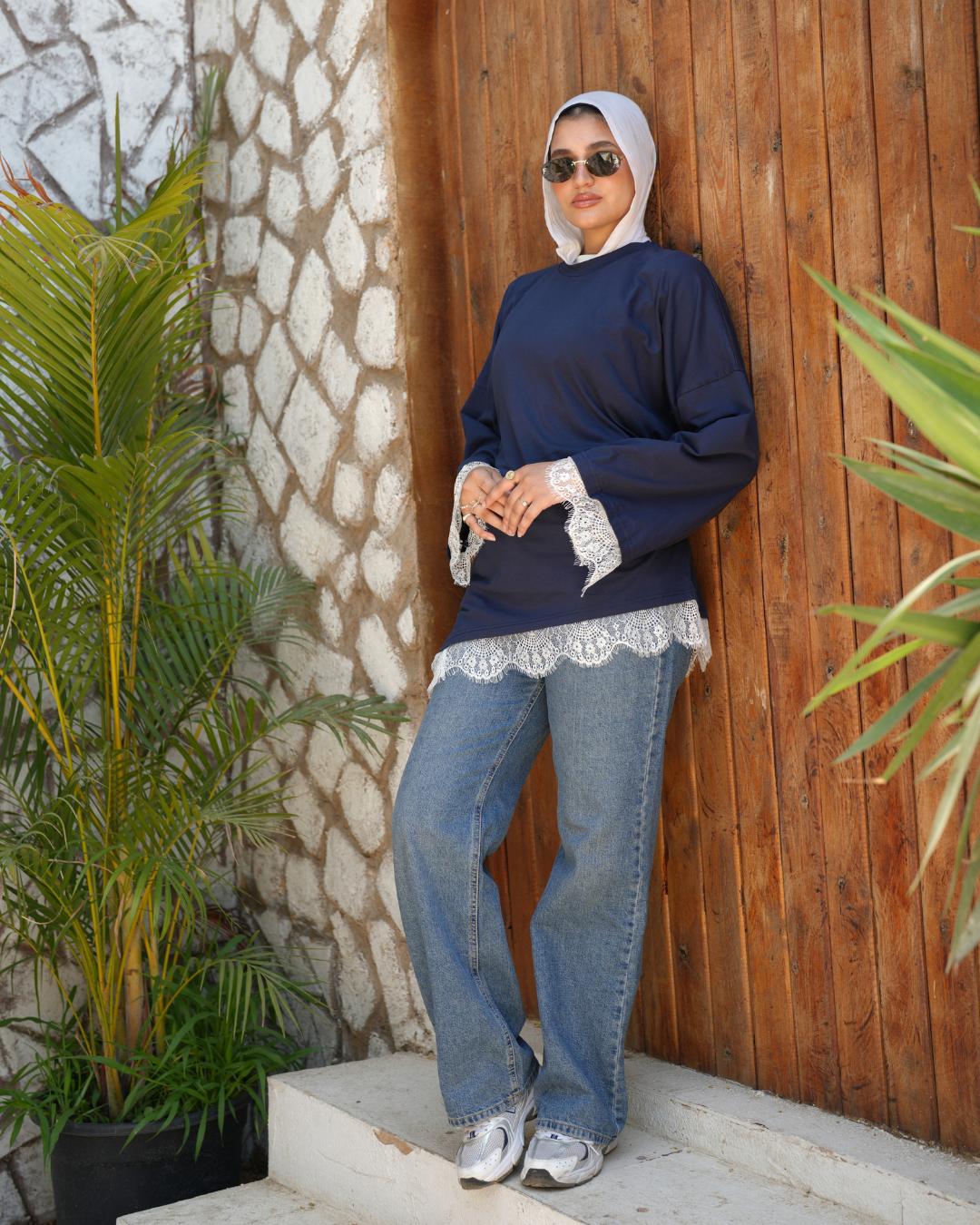 Navy Top With Lace Trim and Blue Wide-Leg Jeans Navy Top With Lace Trim and Blue Wide-Leg Jeans — Classy Modest Outfits