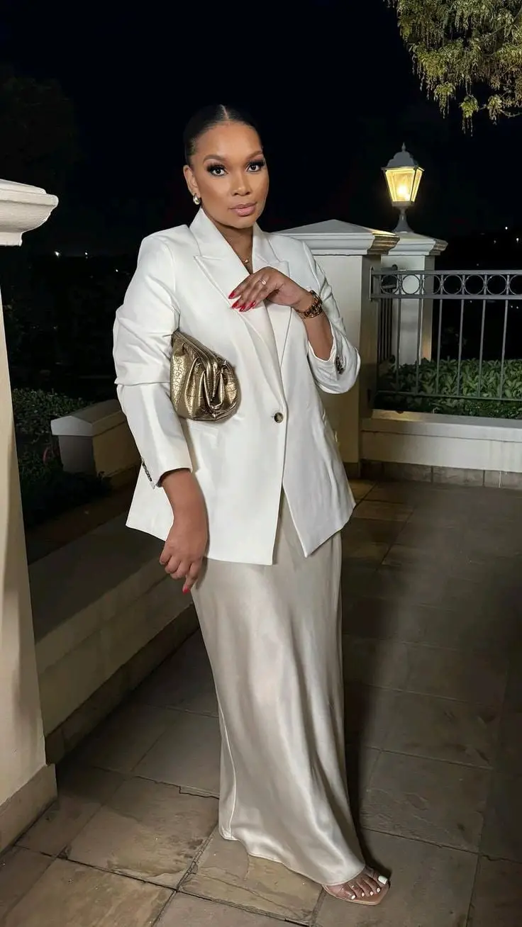 White Blazer Over Satin Slip Dress With Gold Accessories White Blazer Over Satin Slip Dress With Gold Accessories — Classy Modest Outfits