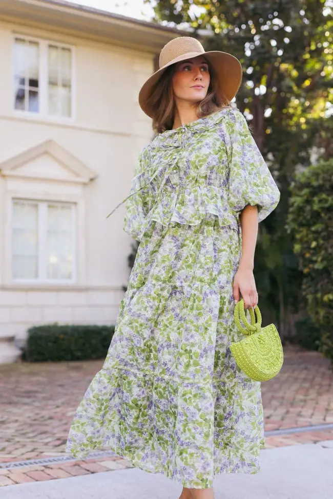 Green Floral Tiered Maxi Dress With Straw Hat Green Floral Tiered Maxi Dress With Straw Hat — Classy Modest Outfits