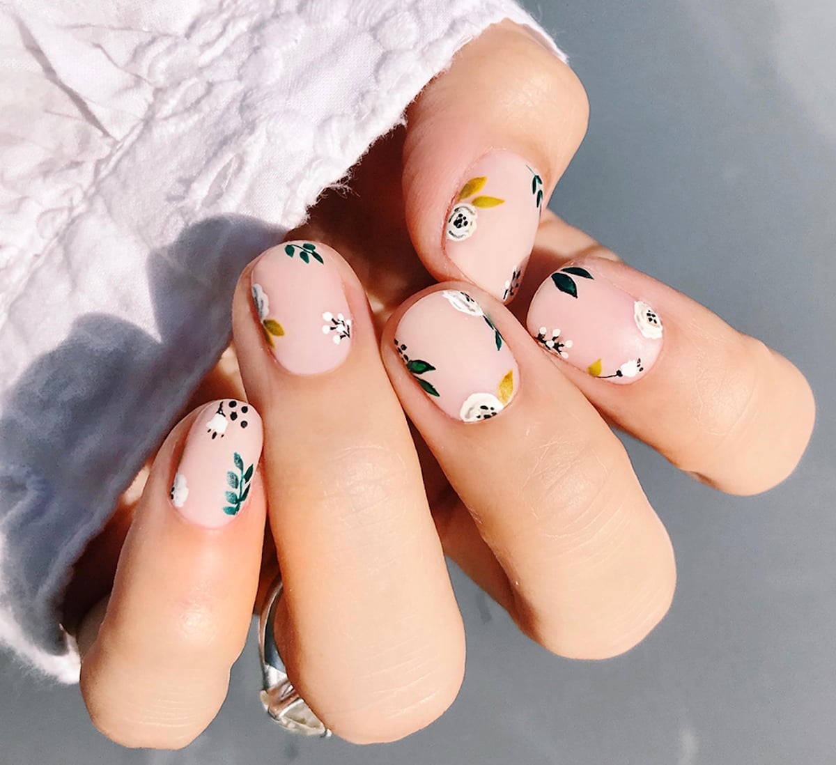 Pale Pink Hand-Painted Floral Short Oval Nails — Classy Mom Nails