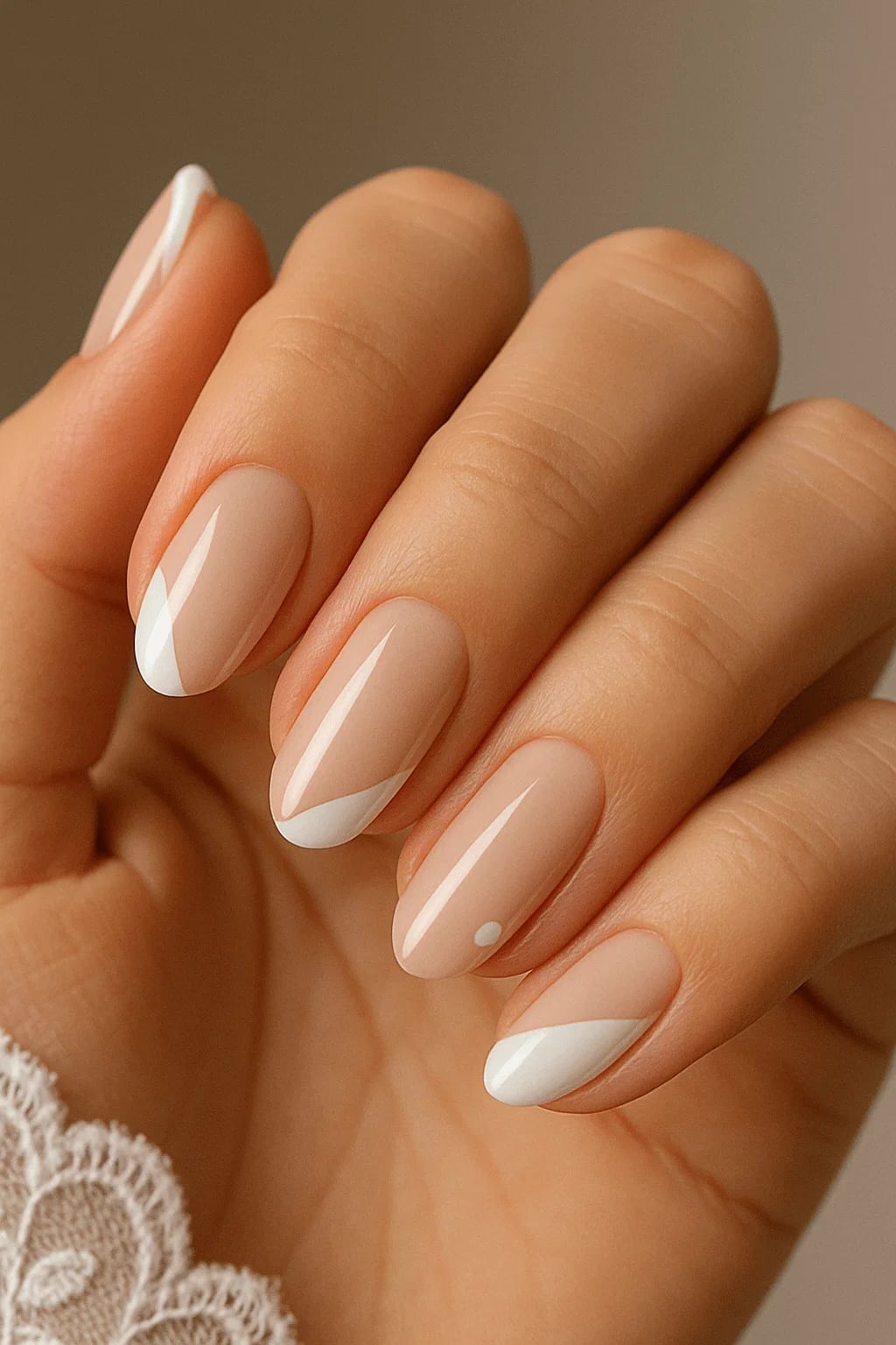 Beige Diagonal French Tip Medium Almond Nails — Classy Mom Nails