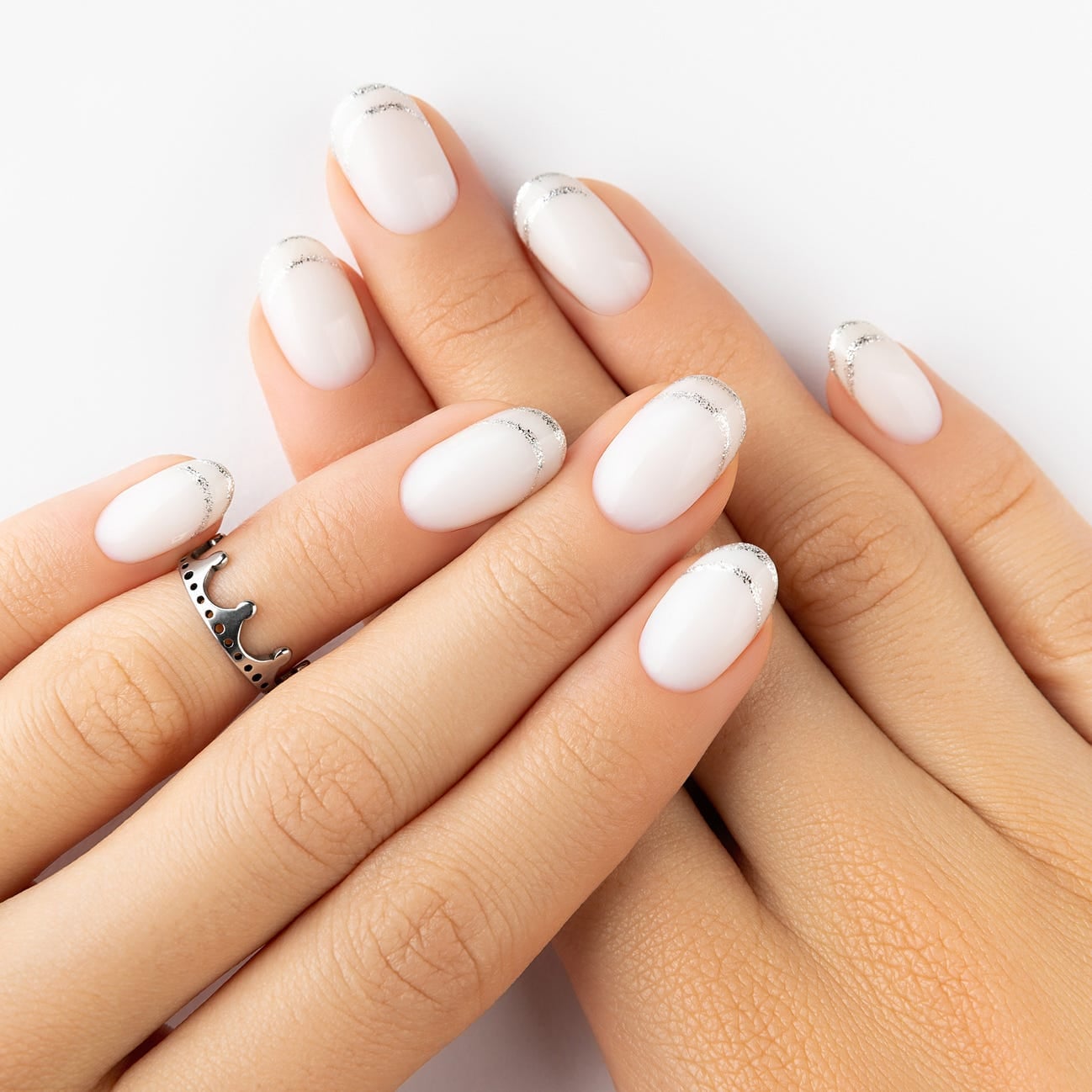 Nude Glitter French Tip Short Oval Nails — Classy Mom Nails