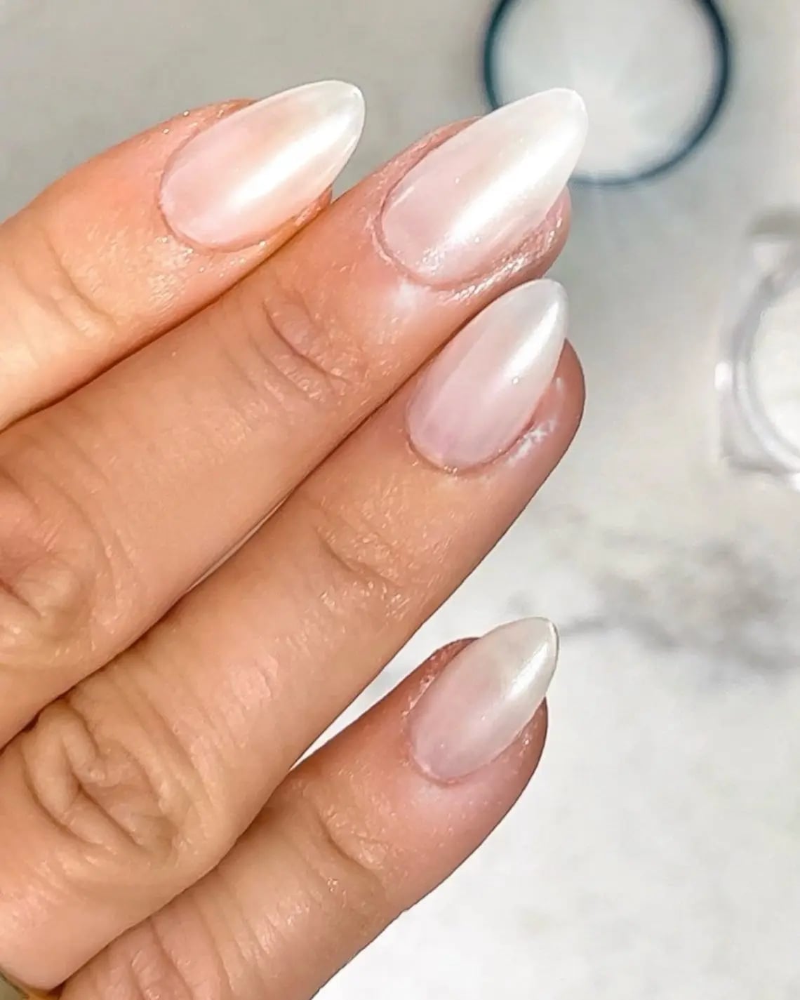 Milky White Pearlescent Short Almond Nails — Classy Mom Nails