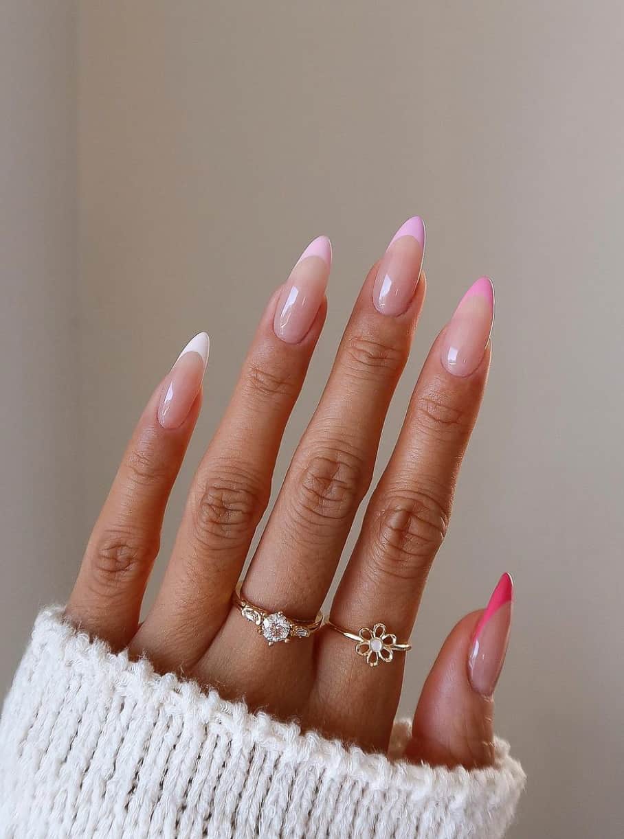 Sheer Pink Hot Pink French Long Almond Nails — Classy Mom Nails