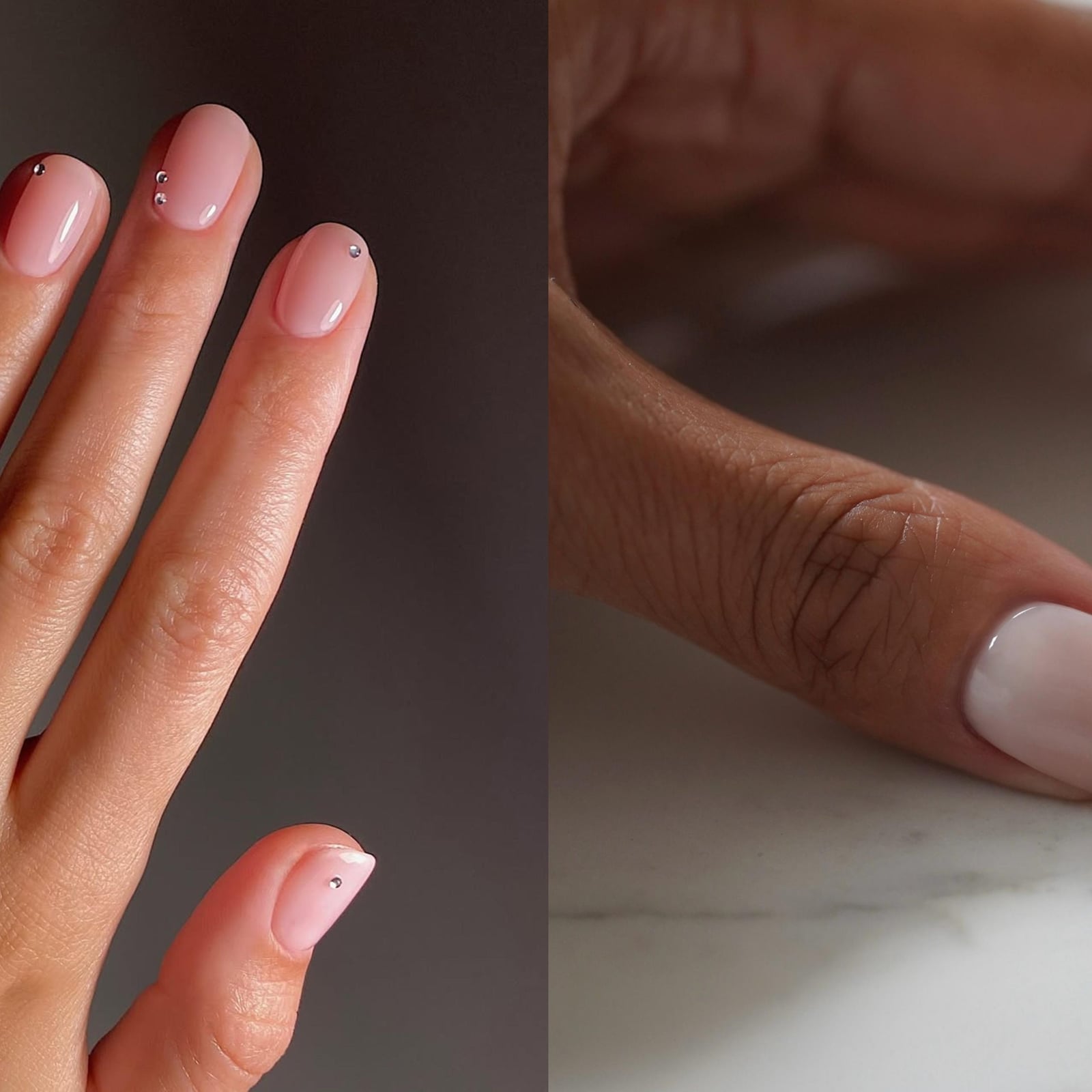 Sheer Milky Pink Rhinestone Base Short Almond Nails — Classy Mom Nails
