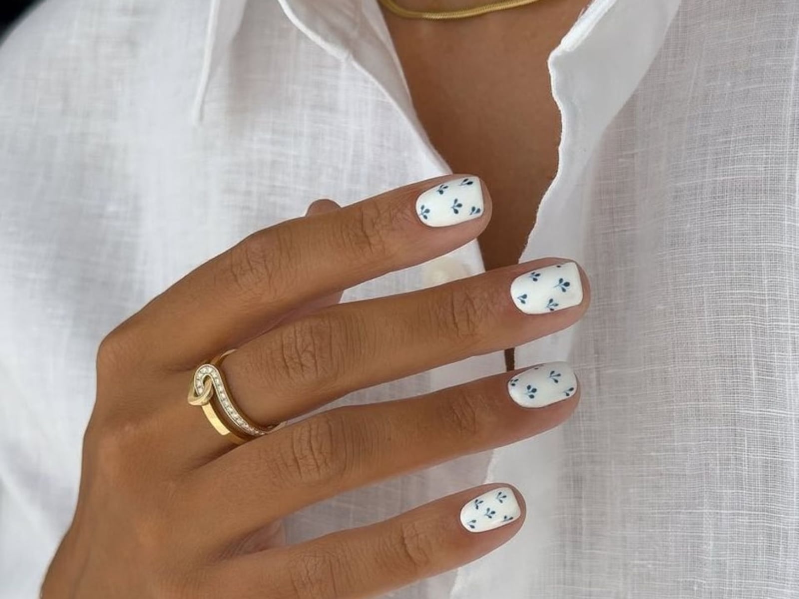 White Blue Floral Pattern Short Square Nails — Classy Mom Nails