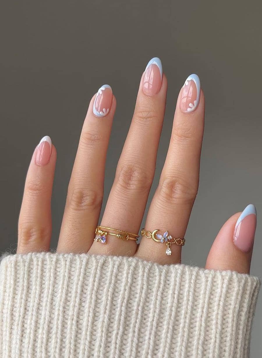 Sheer Nude Light Blue French Floral Art Medium Oval Nails — Classy Mom Nails