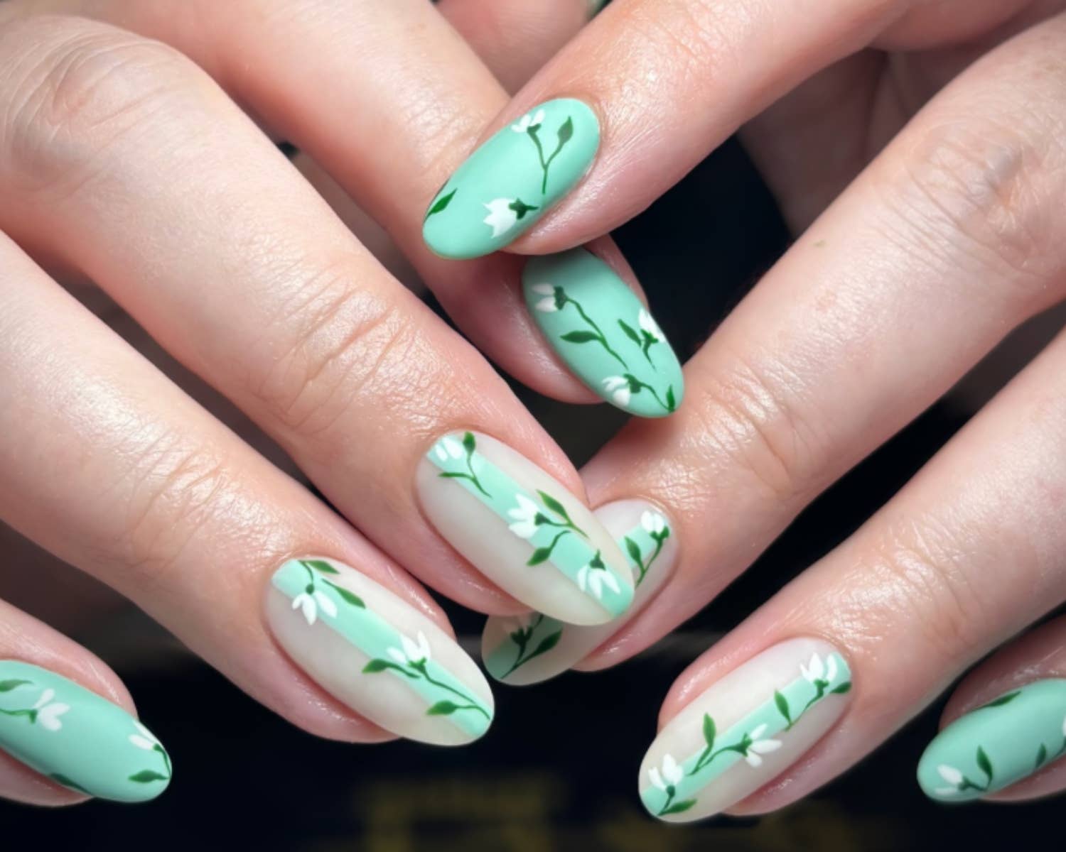 Mint Green Matte Oval Nails with Floral Art — Classy Mom Nails