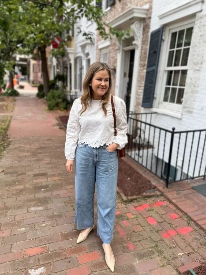 Wide-leg Jeans Paired with an Eyelet Blouse Offer Feminine Flair — Classy Mom Outfits