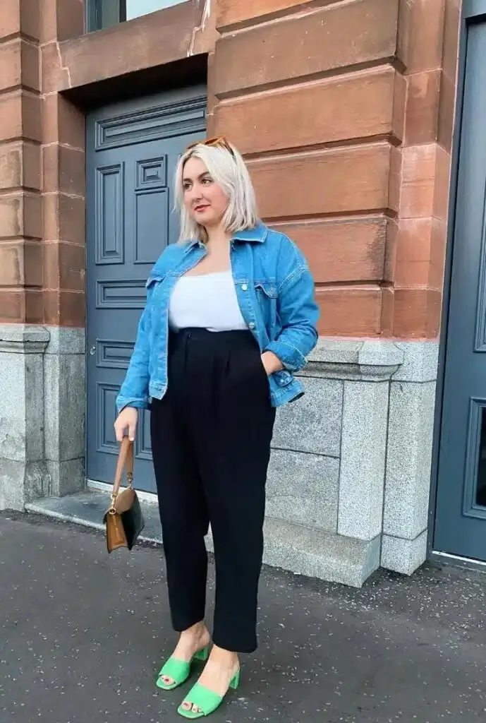 A Denim Jacket Adds a Casual Layer to Wide-Leg Trousers — Classy Mom Outfits
