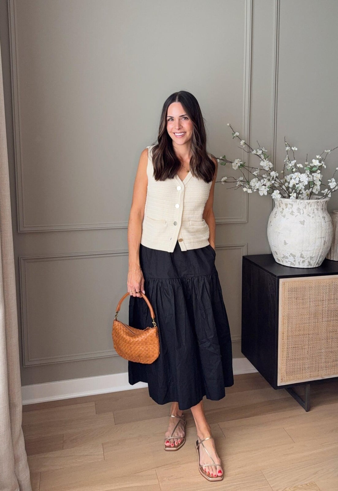 A Tweed-Like Vest Adds Texture Over a Tiered Midi Skirt — Classy Mom Outfits