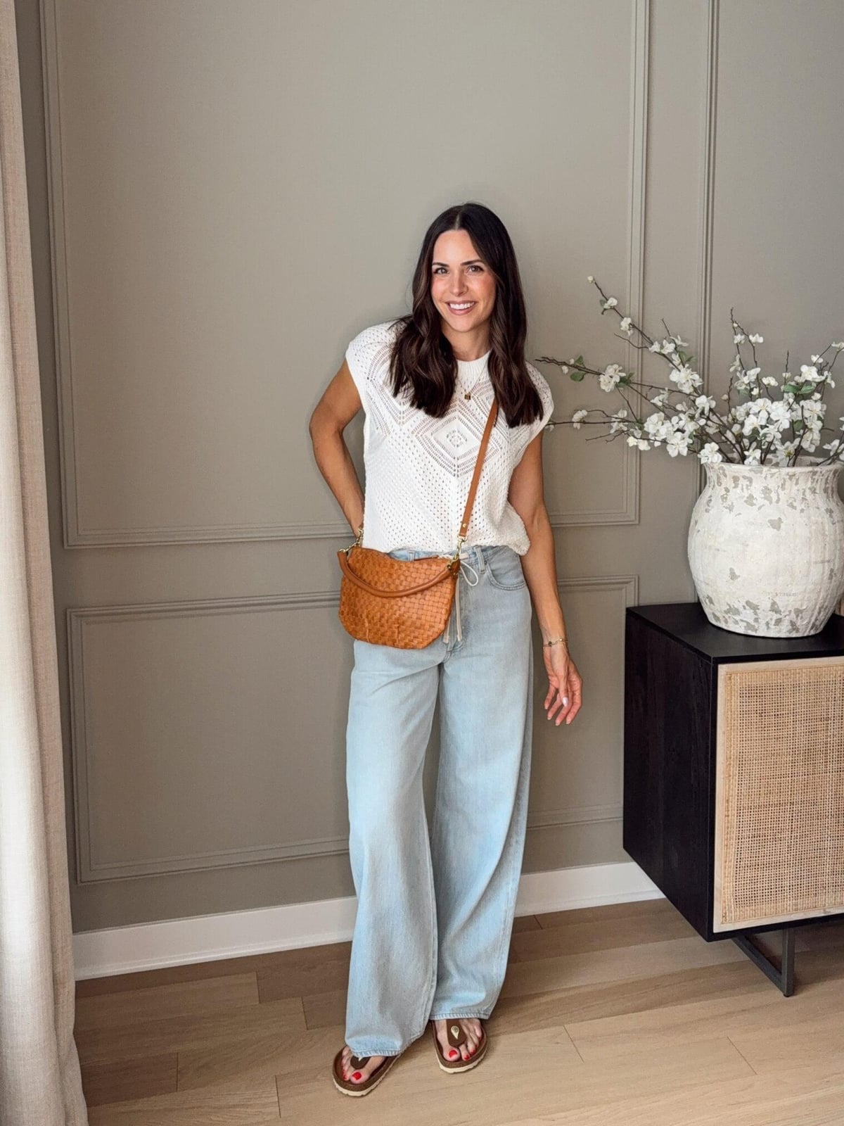 Light Blue Wide-Leg Jeans and a Textured Knit Top for Casual Ease — Classy Mom Outfits