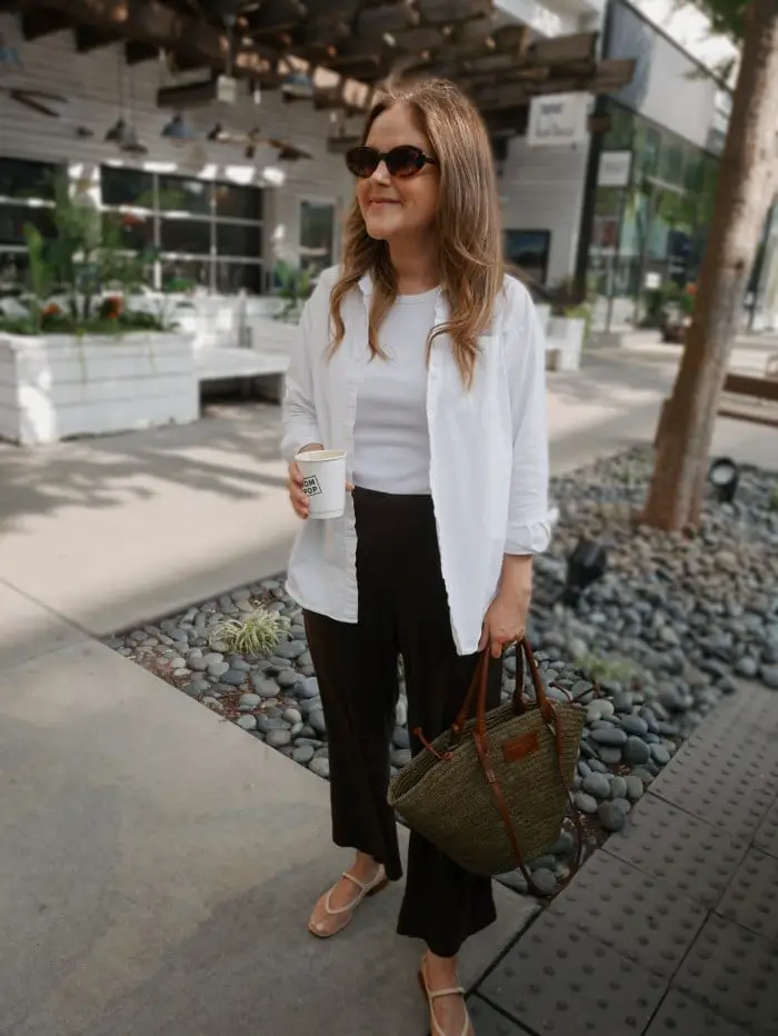 Brown Wide-Leg Trousers and Layered Shirts for a Neutral Palette — Classy Mom Outfits