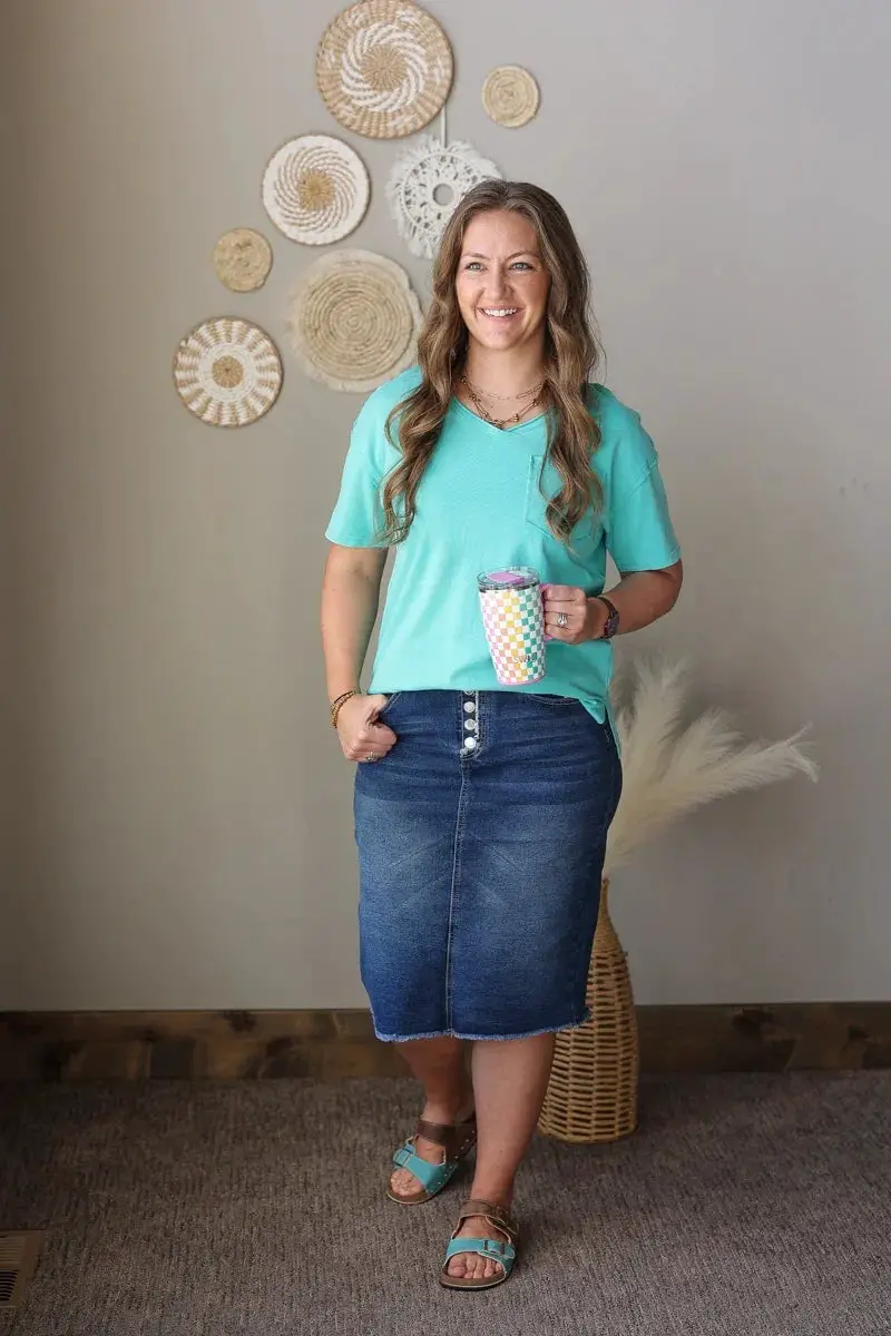 A Denim Midi Skirt Paired with a Teal V-Neck T-Shirt — Classy Mom Outfits