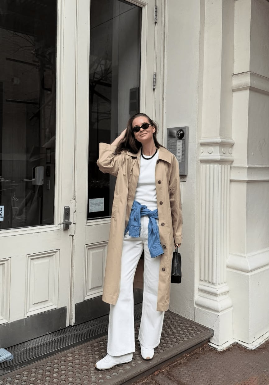 A Beige Trench Coat Elevates a Simple White Ensemble — Classy Mom Outfits