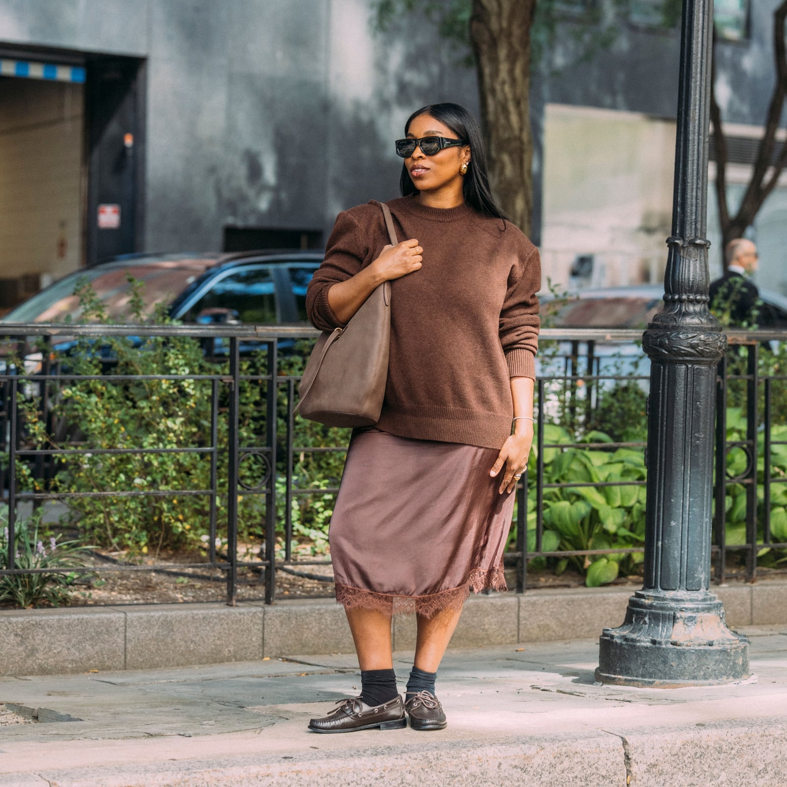 A Crewneck Sweater Pairs with a Satin Slip Skirt for Texture Play — Classy Mom Outfits