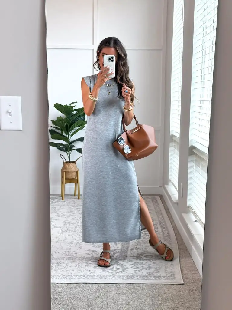 A Gray Maxi Dress Offers Relaxed Casual Comfort — Classy Mom Outfits