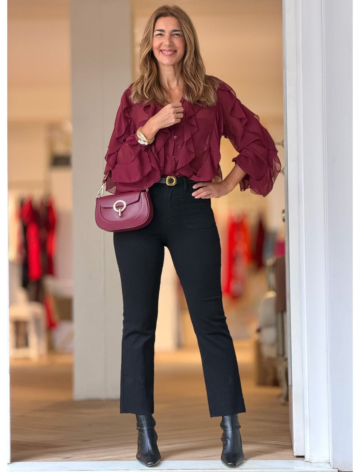 Burgundy Sheer Ruffled Blouse with Black Straight-Leg Jeans — Classy Mujer Outfits