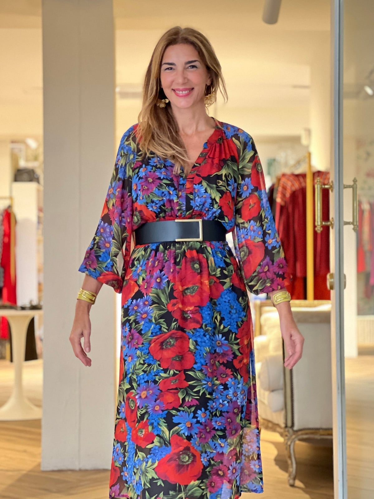 Floral Print A-Line Dress with Wide Black Belt — Classy Mujer Outfits