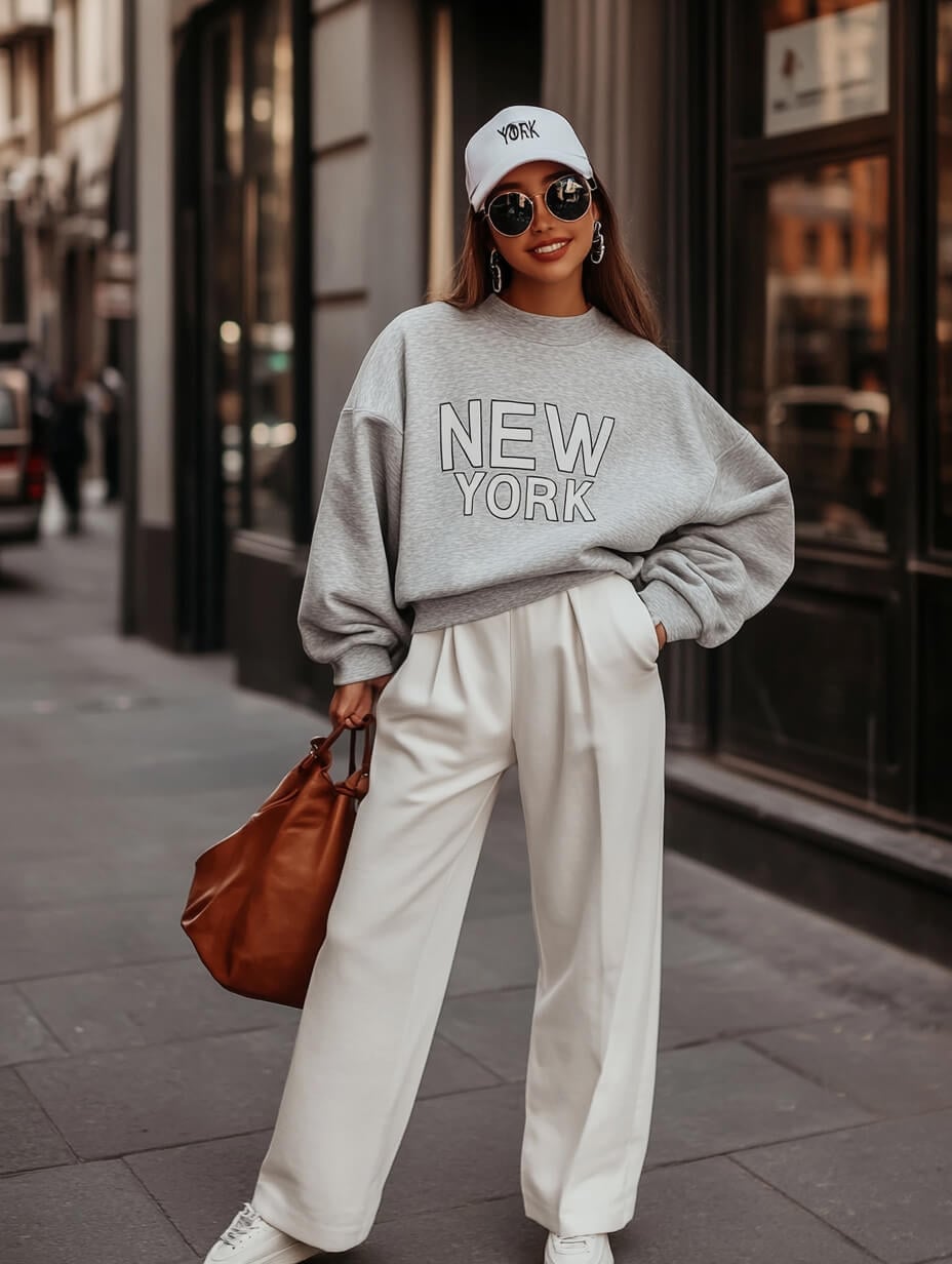 Gray Oversized Sweatshirt with 'NEW YORK' Text and White Trousers — Classy Mujer Outfits