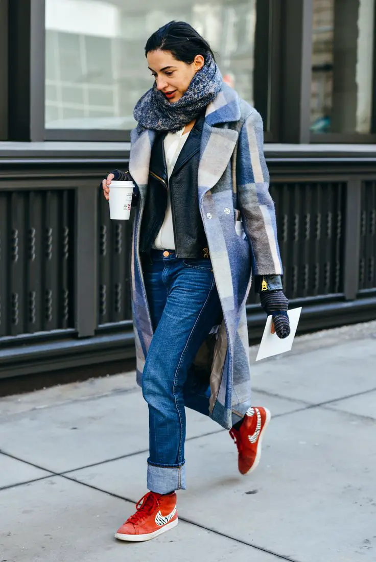 Black Leather Jacket and Plaid Coat Over White Shirt and Jeans — Classy Mujer Outfits