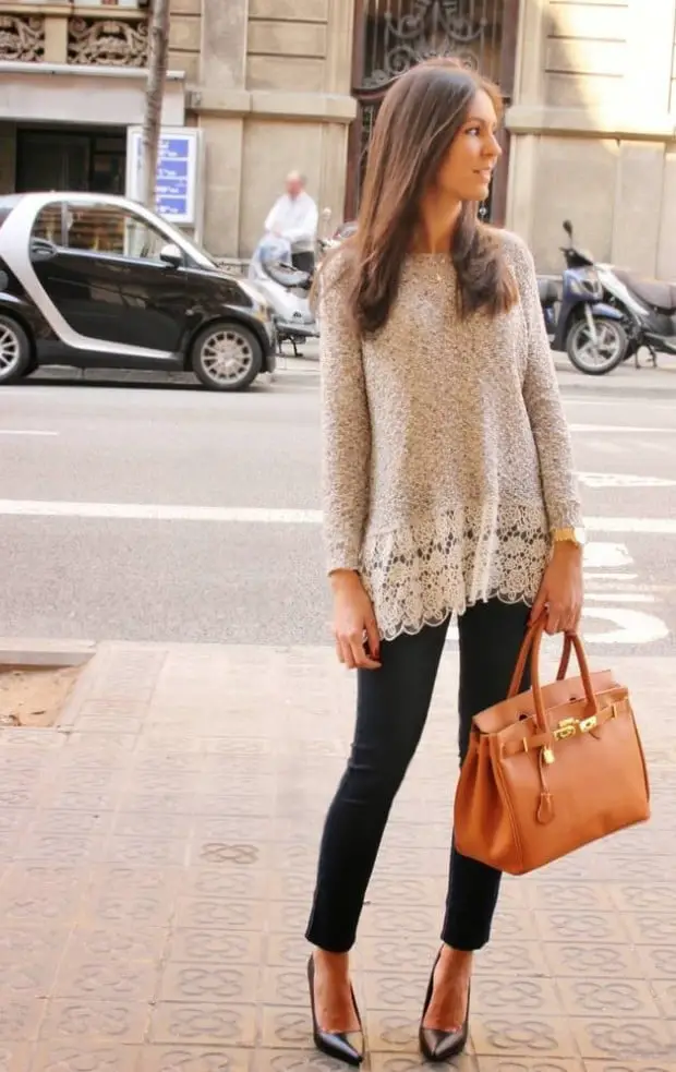 Neutral Knit Sweater with Lace Trim and Black Trousers — Classy Mujer Outfits