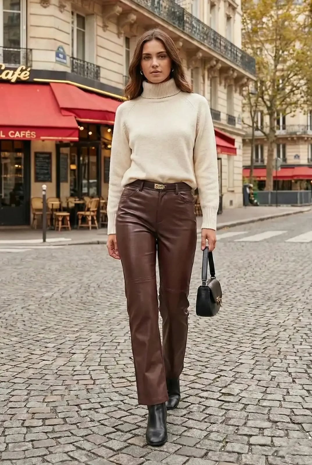 Brown Faux Leather Trousers with Cream Knit Turtleneck — Classy Mujer Outfits