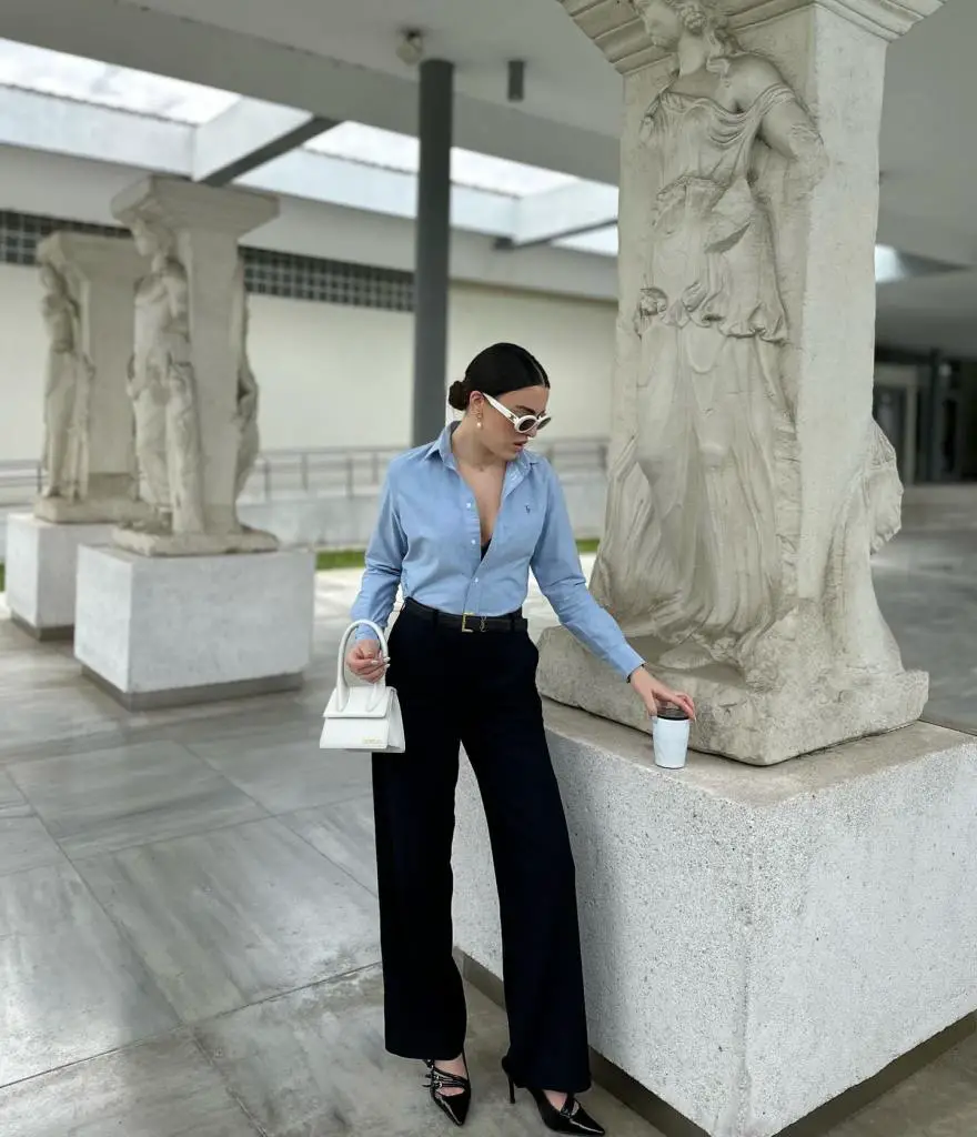 A Light Blue Shirt With Black Wide Leg Trousers — Classy Museum Outfits