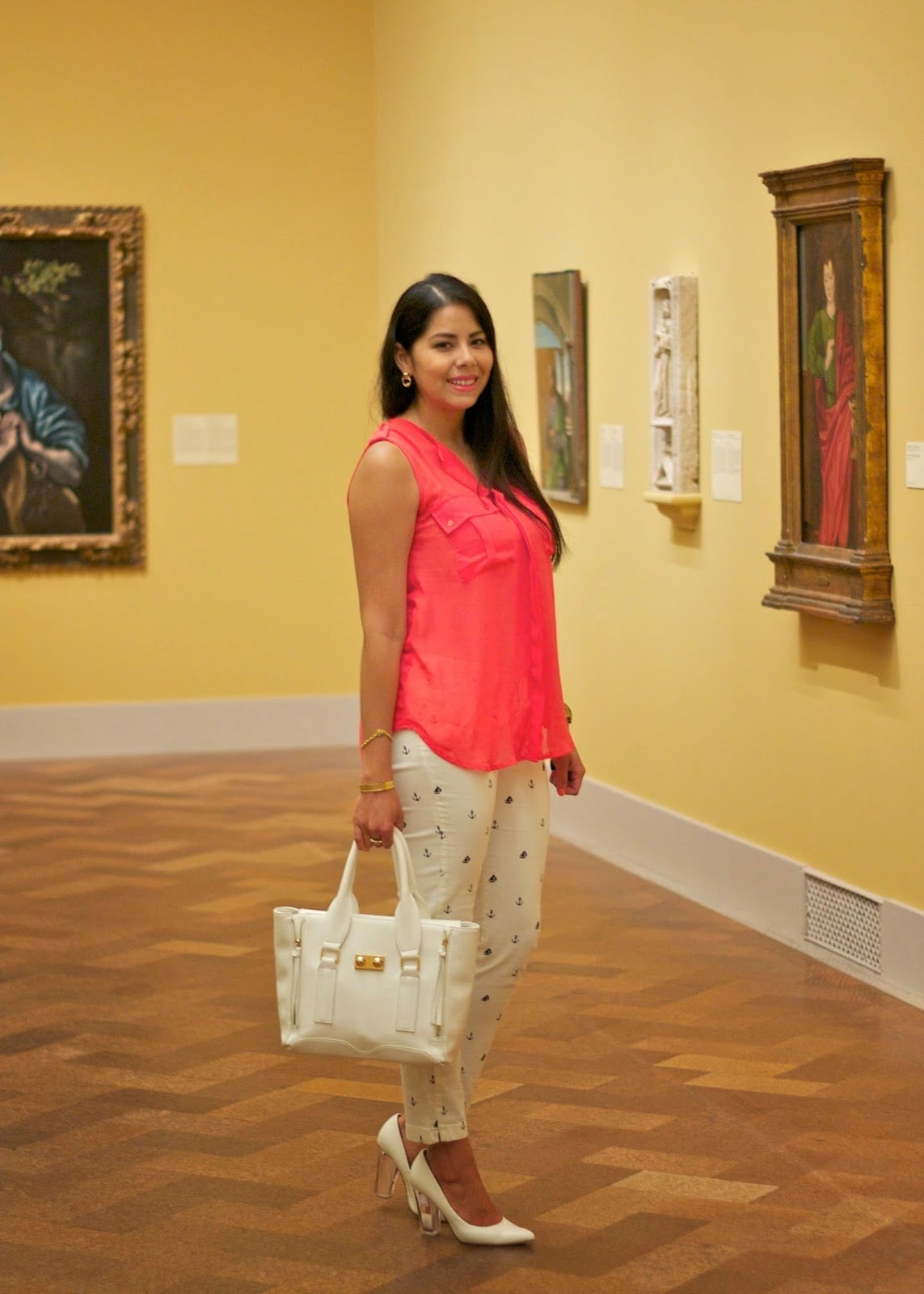 A Coral Top With Printed White Pants — Classy Museum Outfits
