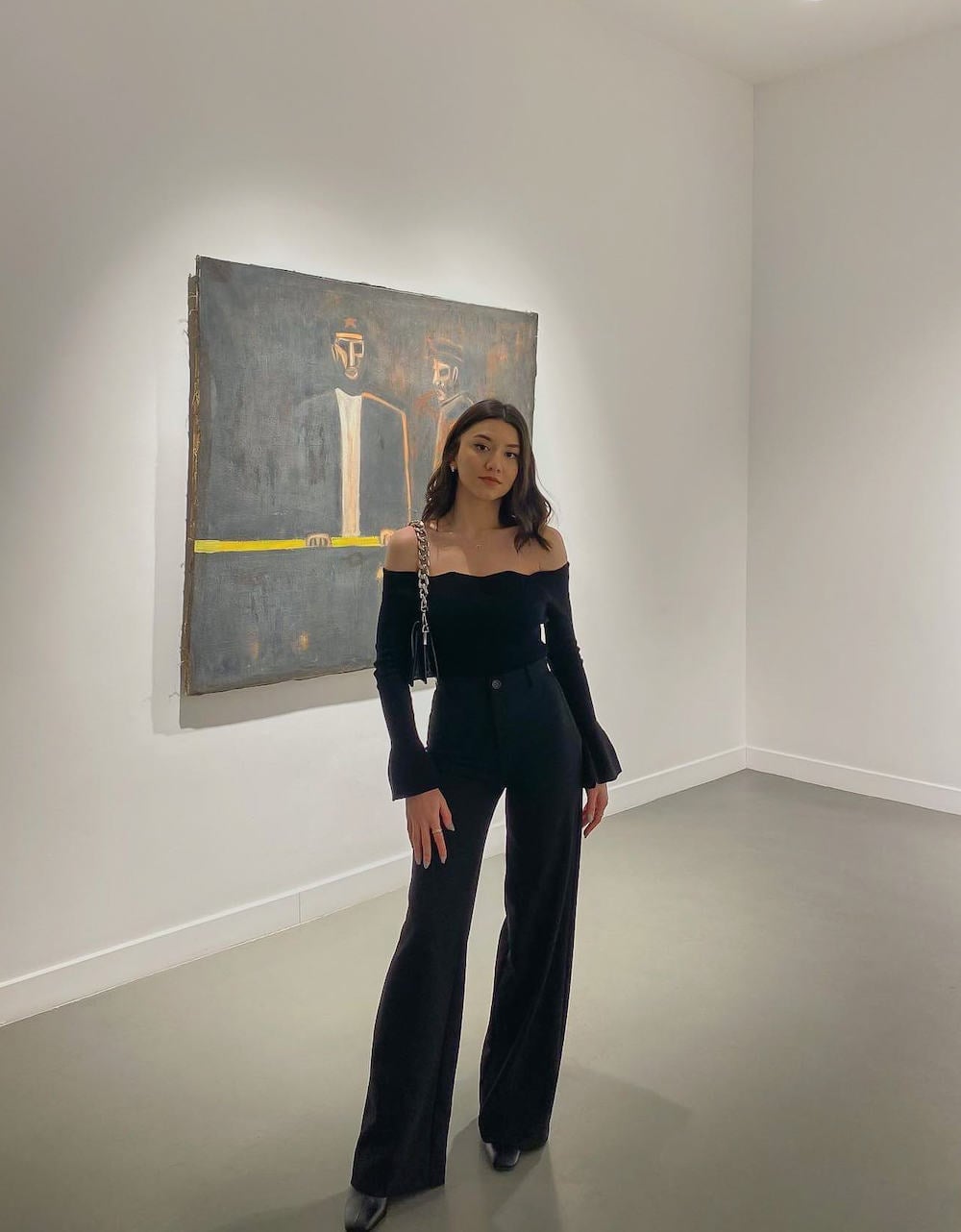 An Off The Shoulder Top With Wide Leg Trousers, Close-Up Take — Classy Museum Outfits