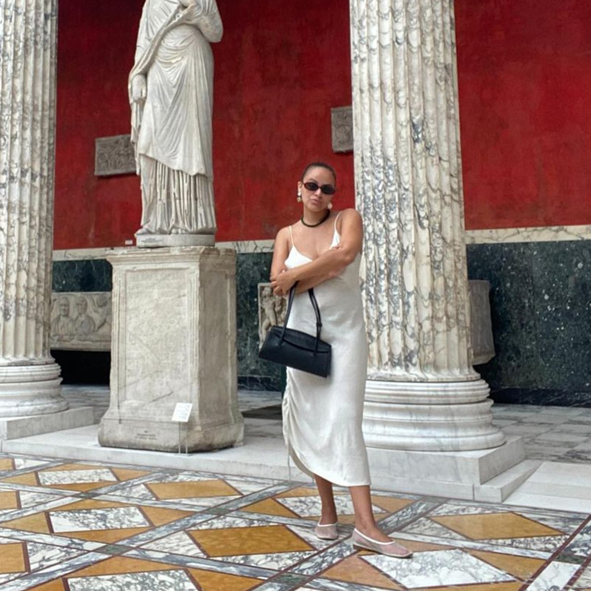A Satin Slip Dress With Ballet Flats and Black Shoulder Bag — Classy Museum Outfits