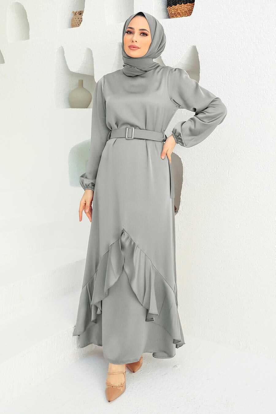 Light Gray Satin Dress for Formal Refinement Light Gray Satin Dress for Formal Refinement — Classy Muslim Outfits