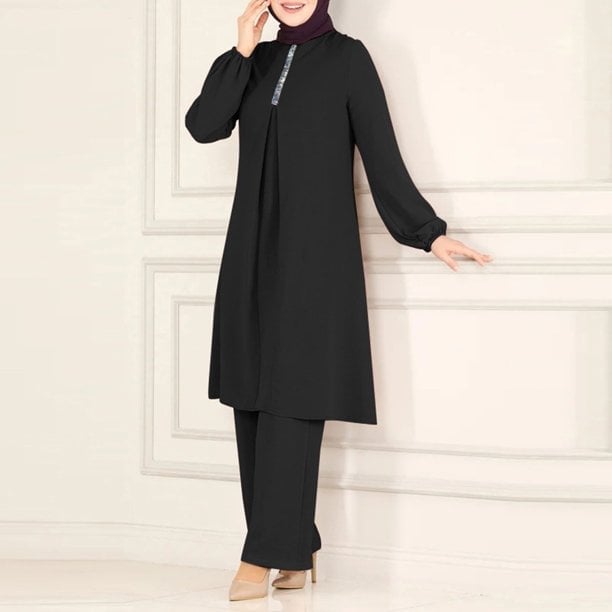 Embellished Black Tunic and Trousers for Casual Elegance Embellished Black Tunic and Trousers for Casual Elegance — Classy Muslim Outfits